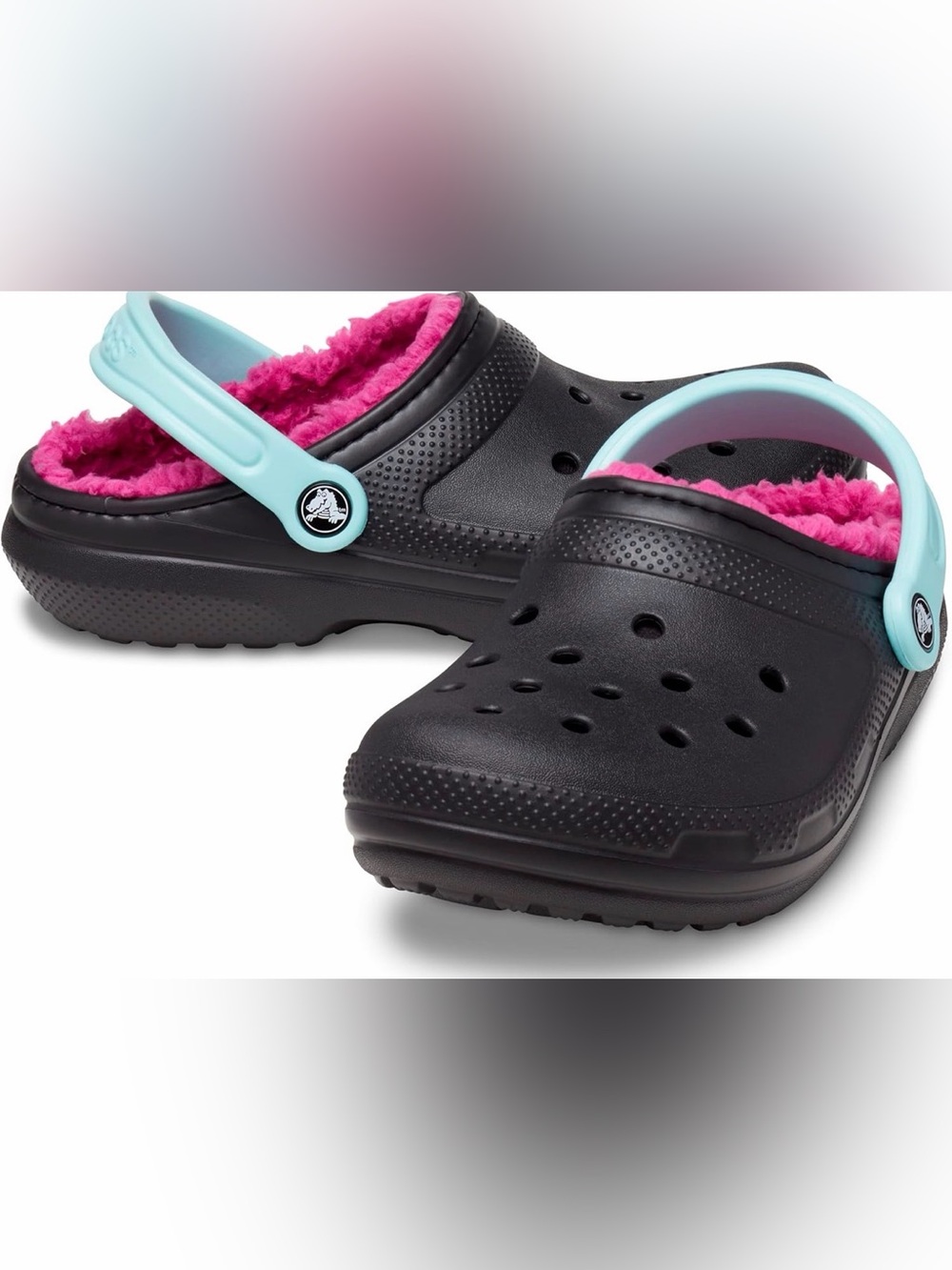 Black Clog with Pink Fleece Lining and Light Blue Heel Strap